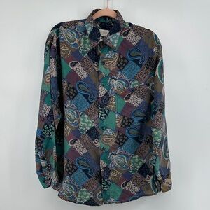 VTG 90s Summa Silk Retro Multicolor Paisley ButtonDown Patchwork Style Shirt SZS